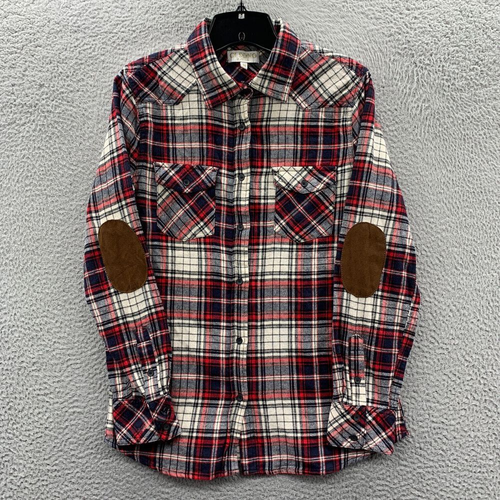CI SONO Shirt Womens Medium Button Up Blouse Top Plaid Long Sleeve Red White*